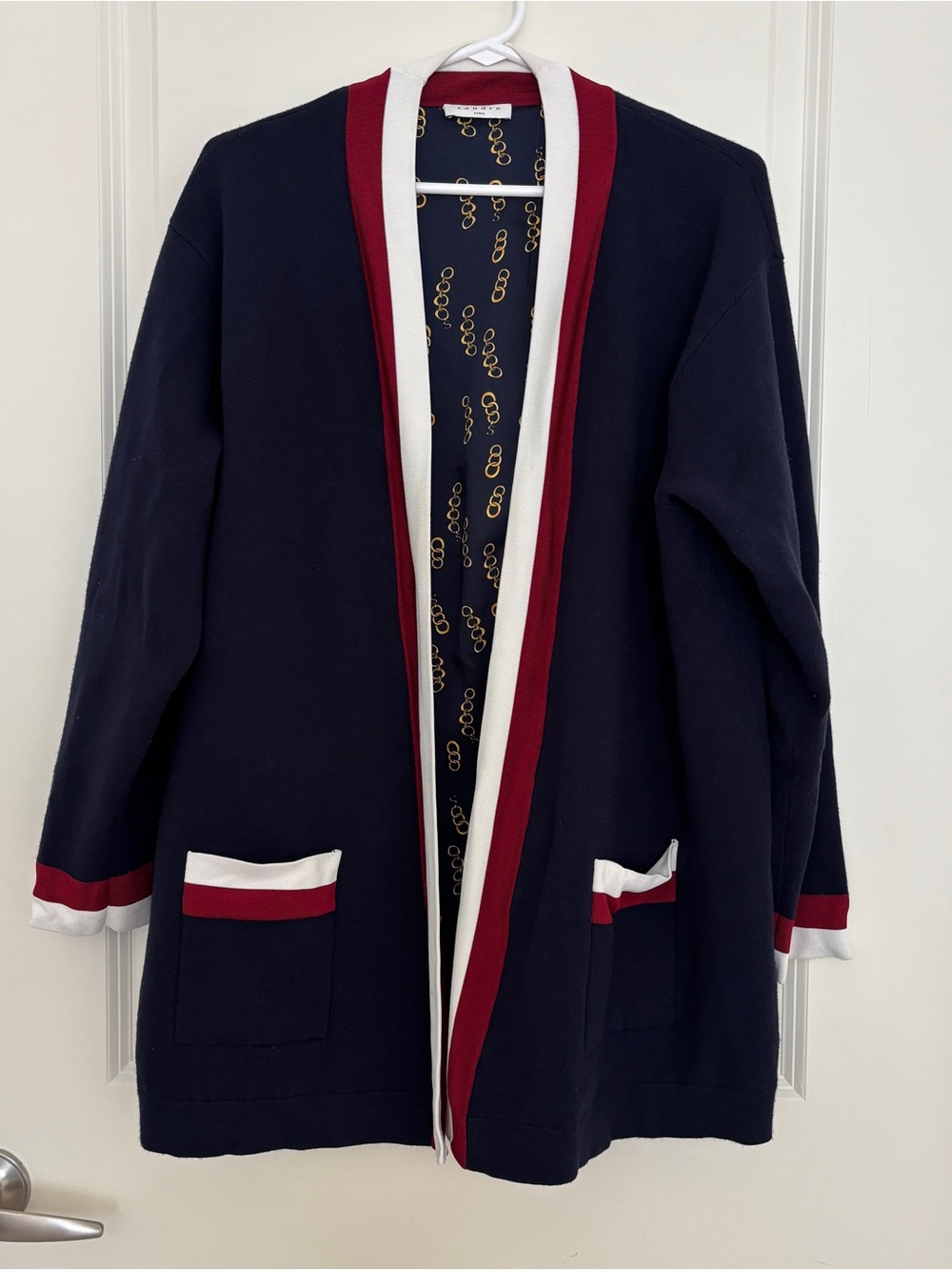 Sandro Navy Open Cardigan with Red & White Trim